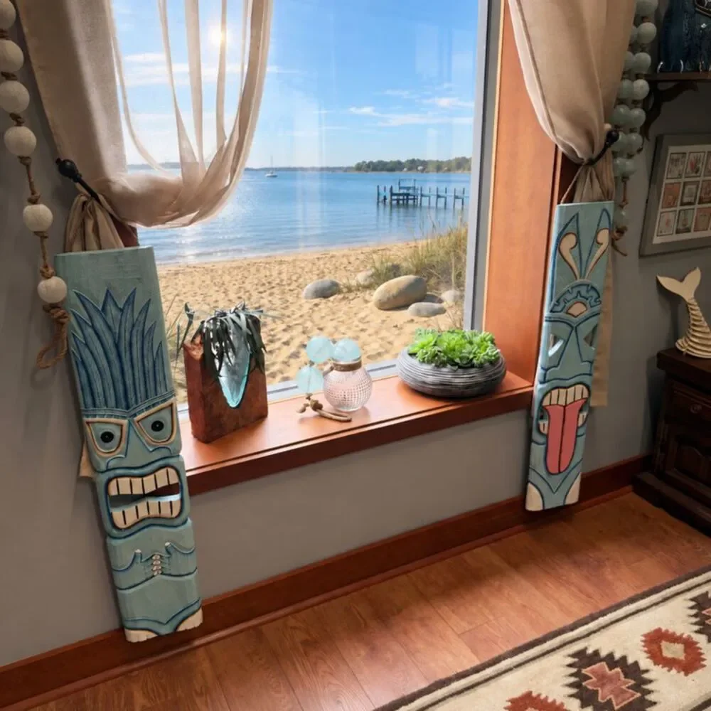 Set of 2 Aqua Tiki Wall Plaques Hand Carved Wood 39 Inch Tall Coastal Decor